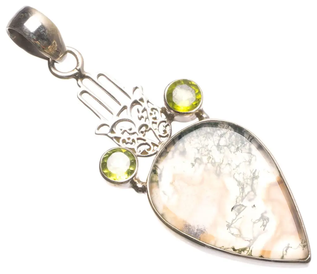 Кулон из серебра 925 пробы с натуральным моховым агатом и Перидотом ручной работы