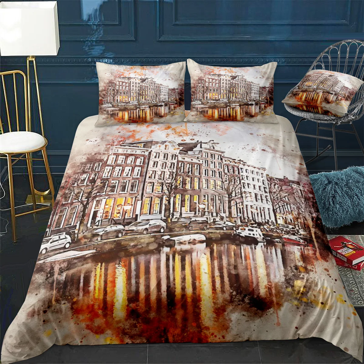 Амстердам акварелью Стёганое одеяло крышка Подушка Чехол 3 шт Одеяло Постельное