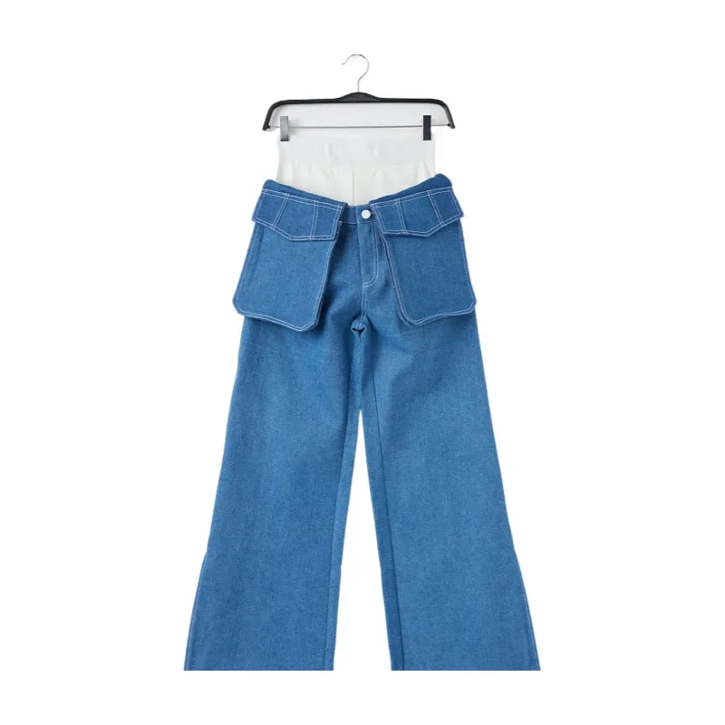 Spring New 2021 Women High Quality Pocket Denim Pants Female Casual Chic Wide Leg Jeans Lan
