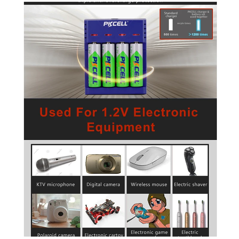 PKCELL цветное зарядное устройство 4 слота для NIMH/NICD AA AAA батареи USB независимая