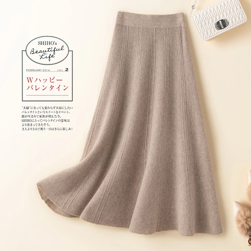 100% Pure Cashmere Skirt Women's Mid-Length Autumn and Winter High Waist A- line Expansion Skirt Korean Style Wool Extra Thick