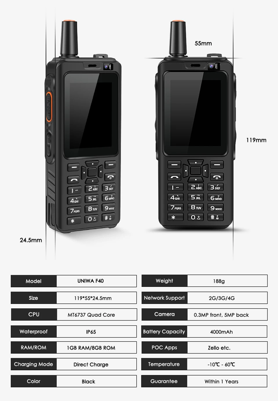 UNIWA Alps F40 Zello мобильный телефон-рация телефон IP65 Водонепроницаемый 2," сенсорный экран 4G LTE MTK6737M четырехъядерный 1 Гб+ 8 Гб Смартфон