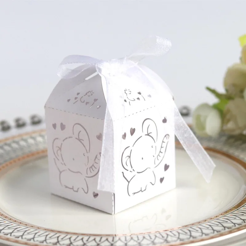 10pcs Laser Cut Elephant Hollow Favors Box Gifts Candy Dragee with Ribbon Baby Shower Wedding Birthday Bonbonniere Wrapping |