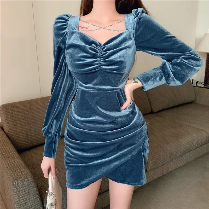 

High quality Velvet Long Sleeve mini Dress for women sexy Black bandage short dress spring 2022 female high waist fashion club