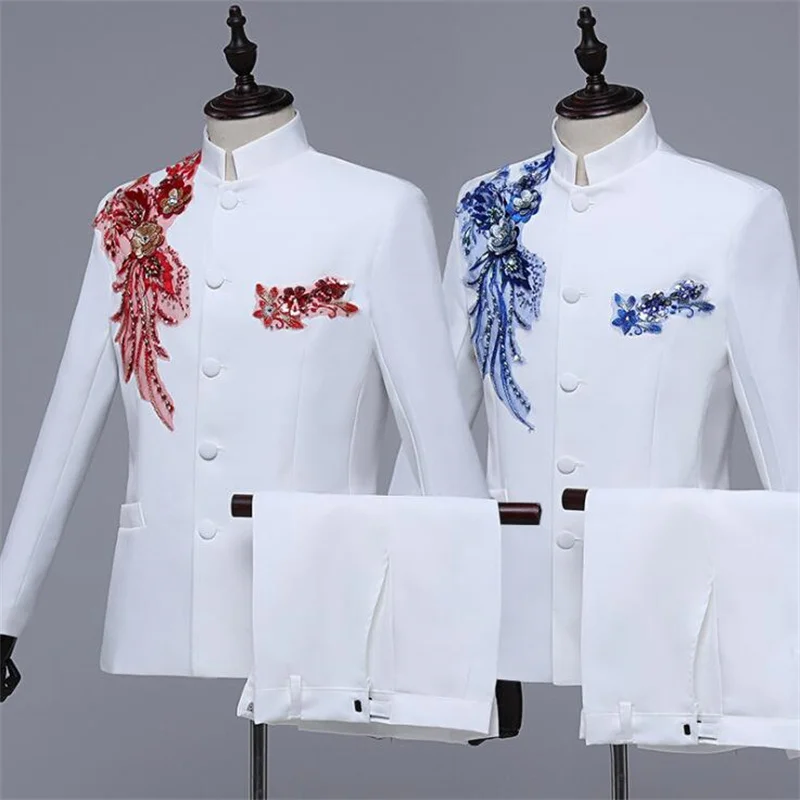 Summer Chinese tunic suit mens blazers jackets print white banquet Chinese style performance wedding dress retro ethnic fashion