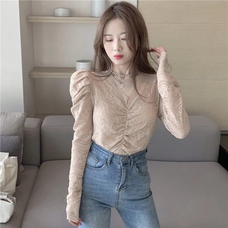 Blouses Women Hollow Lace Shirt Bubble Sleeves Hot Sell Solid Color Long-sleeved Outer Top Sexy V-neck Slim Female Chiffon Shirt