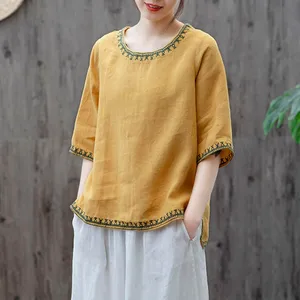 Plus Size Cotton T-shirts Women Summer Casual Tops New 2020 Vintage Embroidery High Quality Female Cotton Linen Tee Shirts P1008