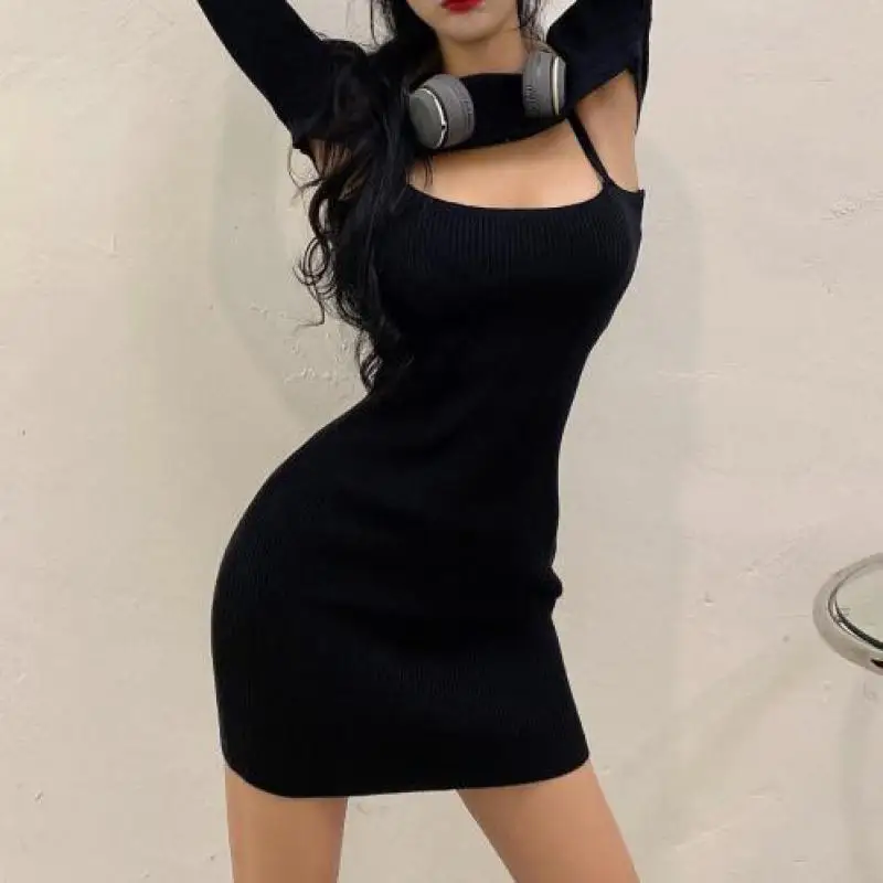 

Genayooa Winter 2 Piece Set For Women Sweater Dress Long Sleeve Knitted Sexy Two Piece Outfits Hollow Out Crop Top Korean Style