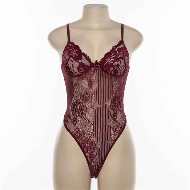 Wine red Кружевное прозрачное боди для женщин с открытой спиной и прозрачным сетчатым бантом, сексуальный комбинезон, комбинезон, ремни Боди, стринги, Сетчатое боди - Цвет: Wine red