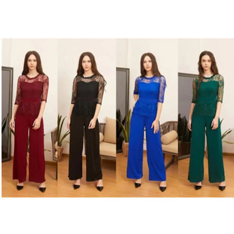 Fashion Women Jumpsuit Rompers 2019 New Solid Color Sexy Seven-point Sleeve Lace Splice Wide Leg | Женская одежда