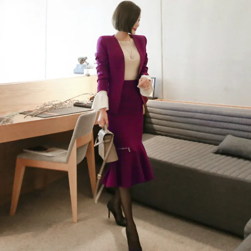 Женские костюмы костюм с юбкой Новинка осени 2019 приталенный фиолетовый женский