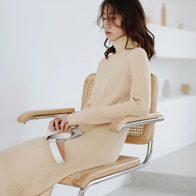 IClosam осенне зимнее женское трикотажное платье свитер с высоким воротом платья