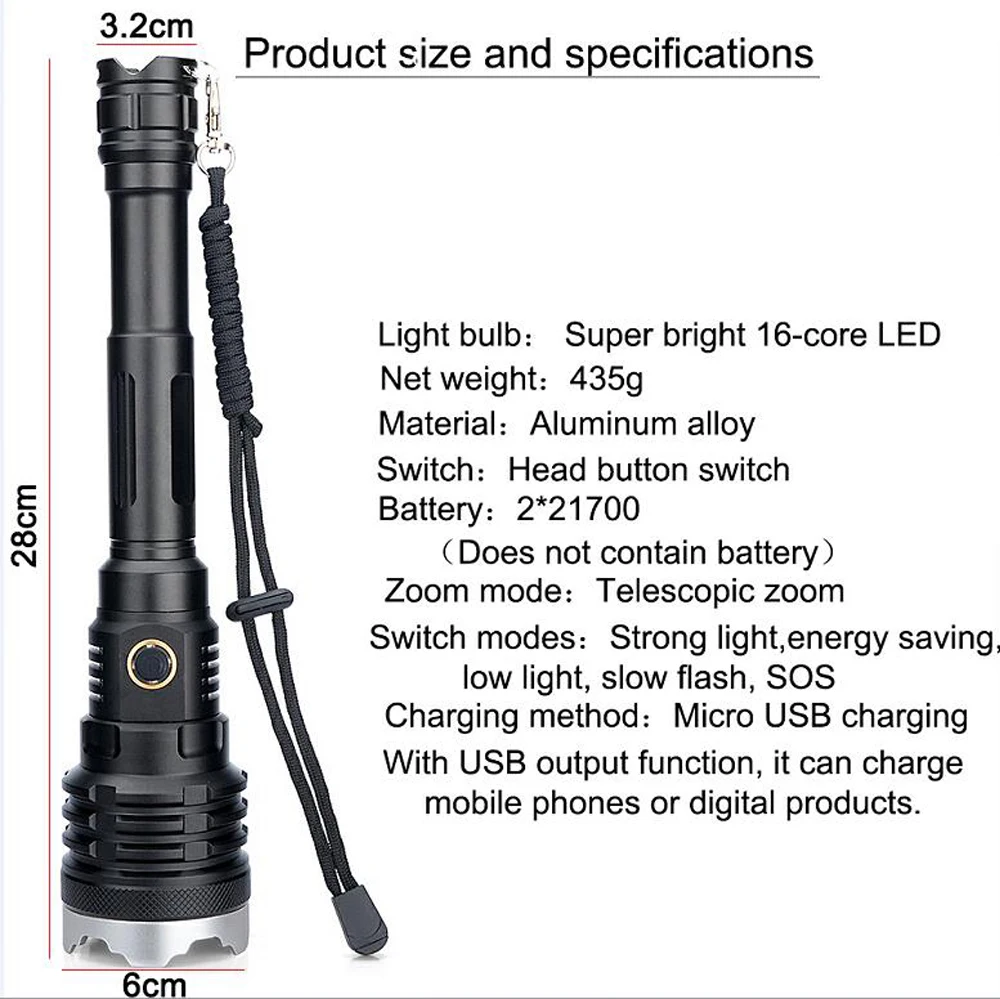 구매 16 코어 XHP110 90000 높은 루멘 LED 슈퍼 밝은 충전식 Led 전술 손전등 USB 방수 줌 손전등