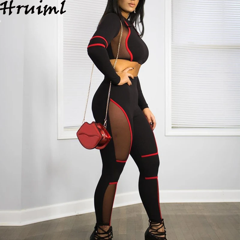 

Sexy Two Piece Set Women Long Sleeve Crop Top Ankle-length Pants Autumn Elasticity Skinny Mesh See Through Lounge Wear Outfits