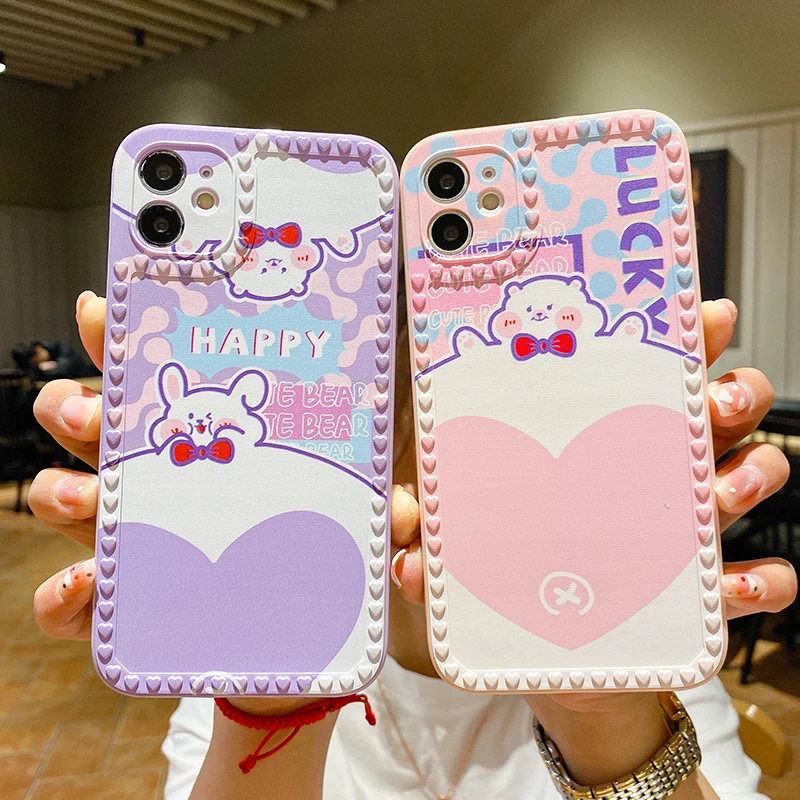 

Heart Cartoon Cute rabbit Soft Case For iPhone 12 11 Pro 12Mini X XS Max XR 8 7 6 Plus SE 2020 Square Phone Cover Shell Fundas