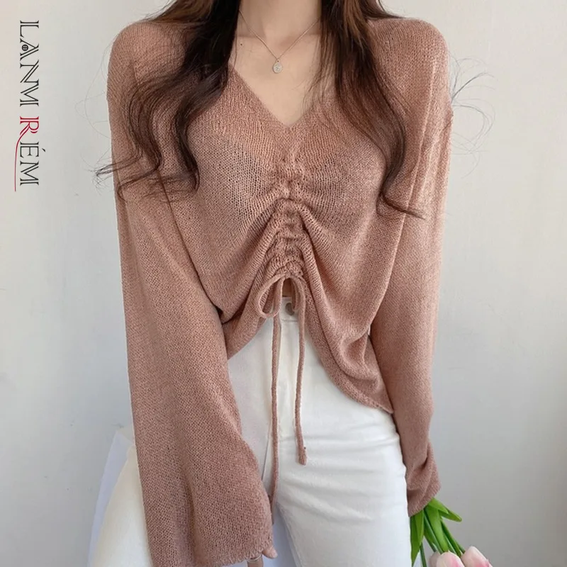 

LANMREM 2022 Новое поступление Модный корейский стиль темперамент однотонный v-образный вырез длинный рукав плиссированный свитер для женщин ...