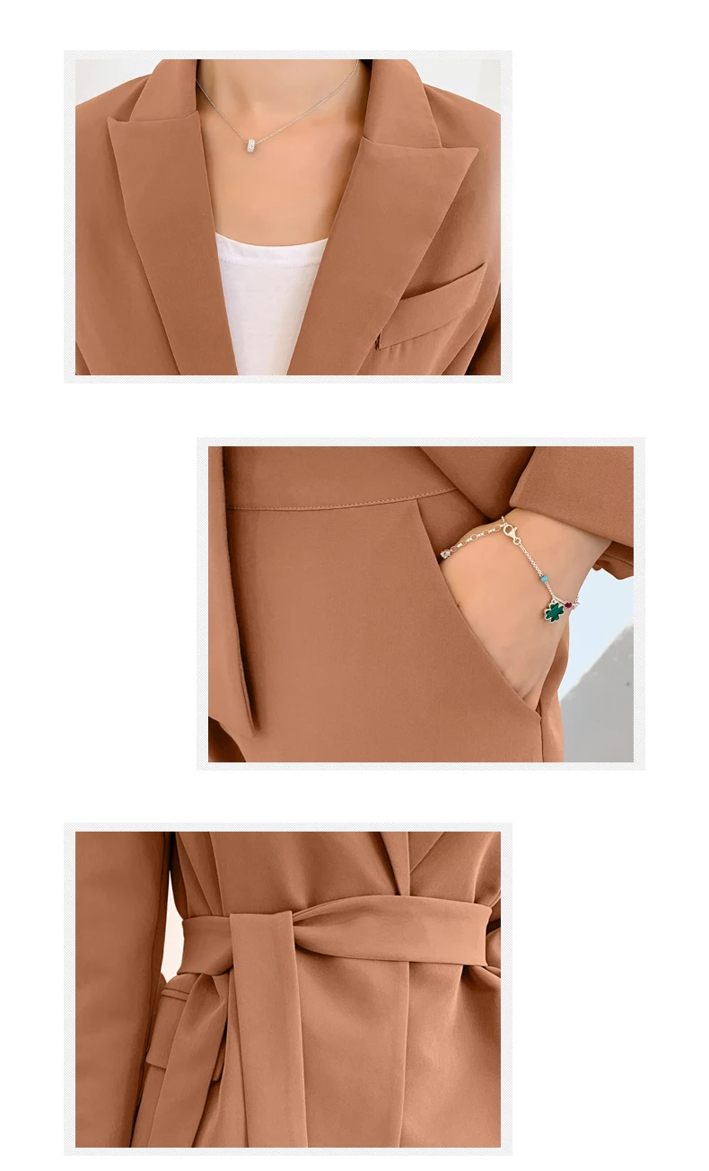 New Arrival Women Notched Long Sleeve Blazer With Belt Straight Long Pants 2 Piece Set Female Caramel Casual Pants Suit S98302F