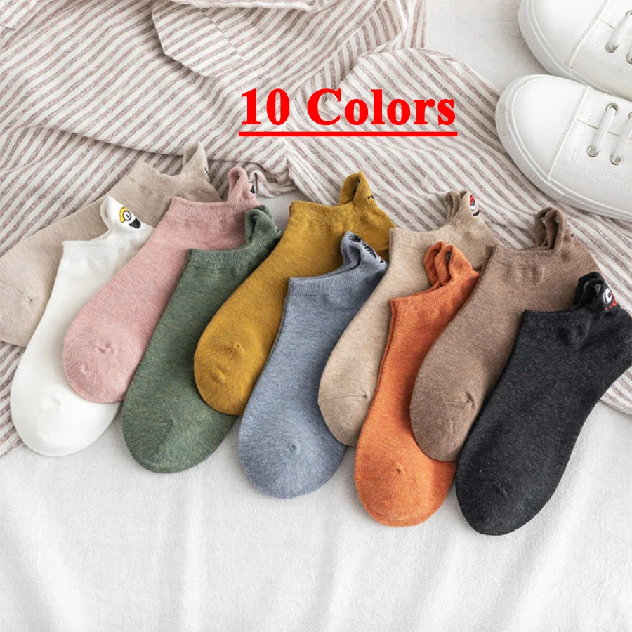 Милые короткие носки с вышивкой для женщин/девочек однотонные черные белые