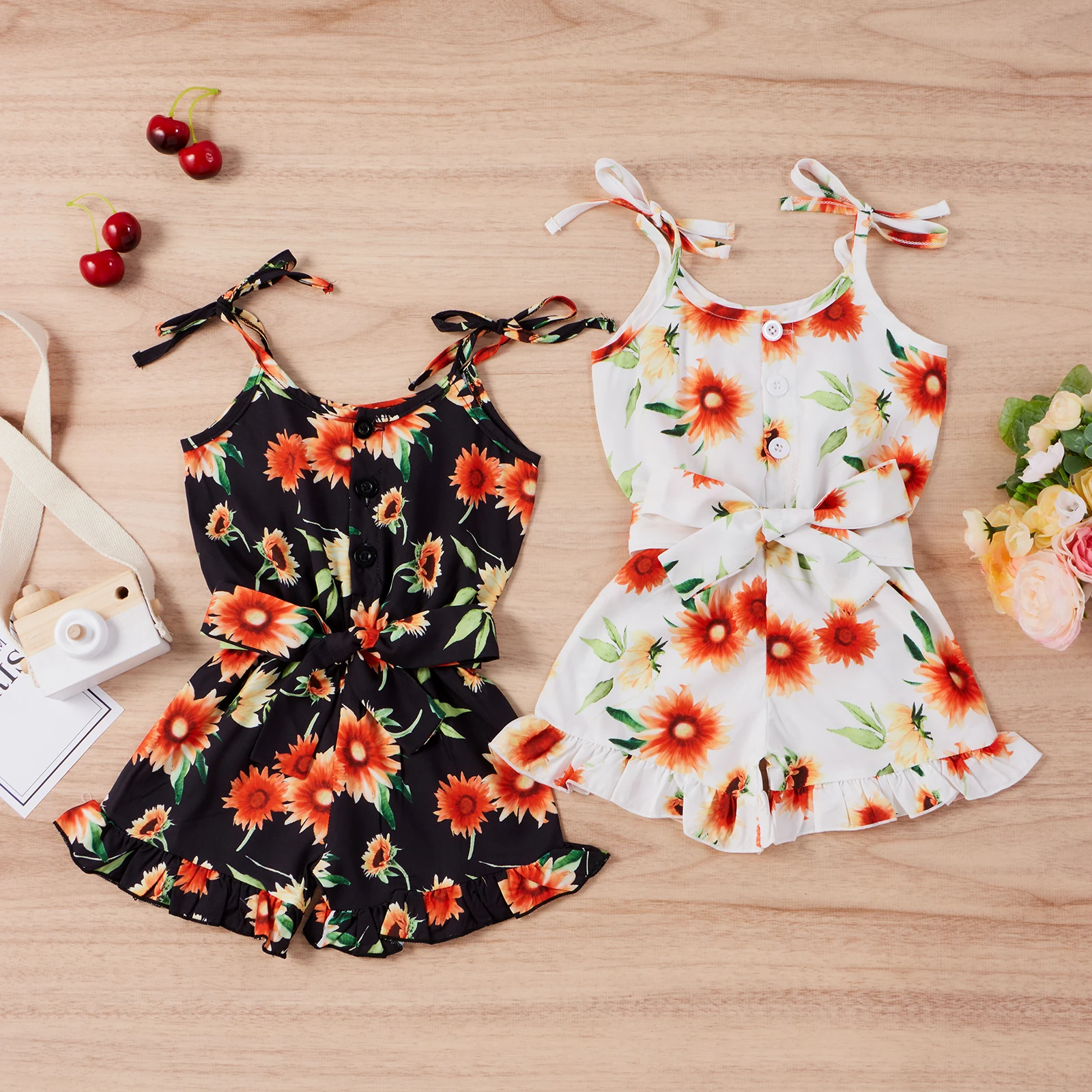 

Newborn Baby Girl's Sunflower Print Jumpsuit Spaghetti Straps O-Neck Short Pants Romper Belt One-Piece Outfit Sunsuit Summer