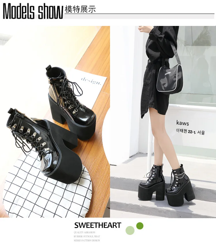 

stage platform thick bottom lace 2020 new 17cm nightclub up metal chain slope heel high heel boots