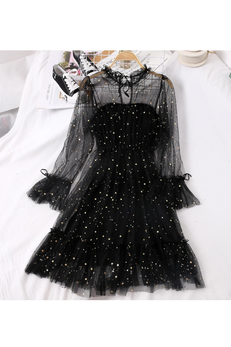 2019 Новое модное женское платье звезды блестки с длинными рукавами и высокой