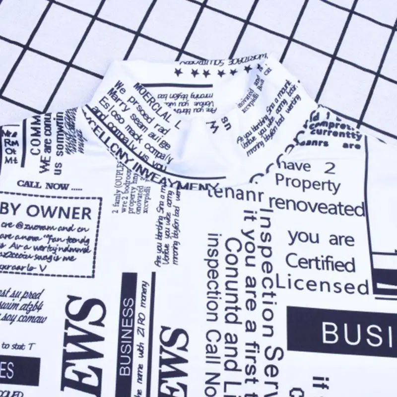 

Women Long Sleeves Pullover Top Sexy Skinny Bodysuit Vintage Newspaper Graphic Letters Printed Turtleneck Leotard Party Clubwear