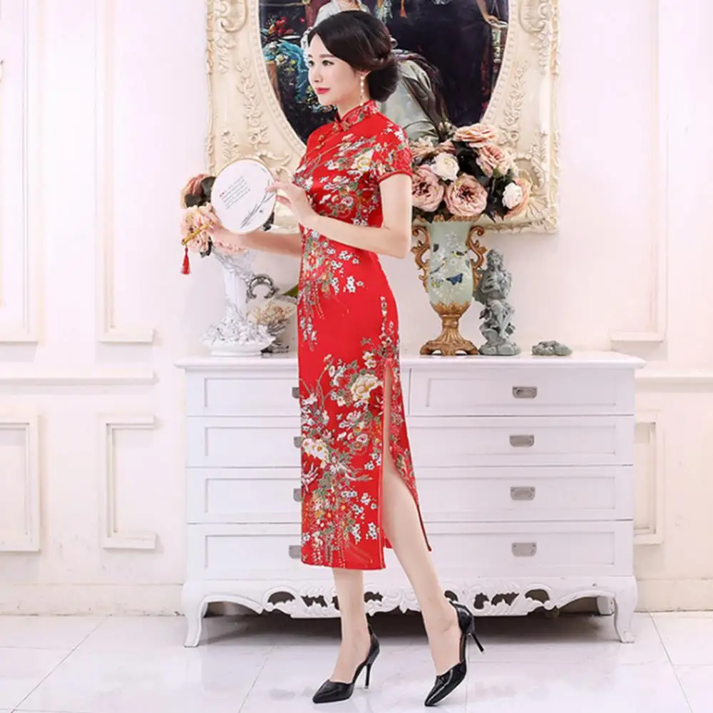 

Chinese Style Flower Print Stand Collar Short Sleeve Women Slit Cheongsam Dress