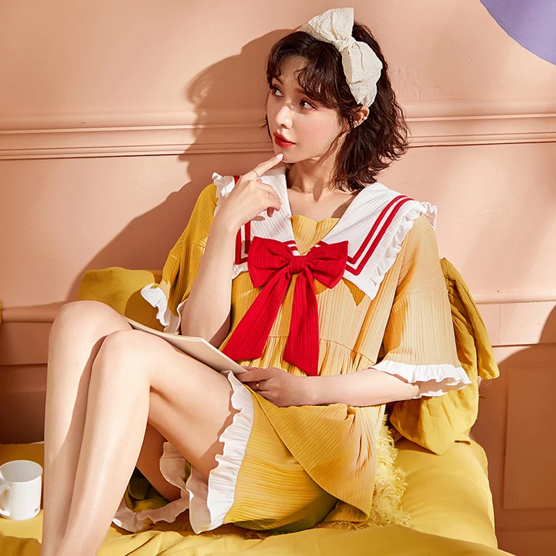 

Летние женские пижамные комплекты, Женская Хлопковая пижама с коротким рукавом, милый модный костюм для сна в стиле колледжа с желтыми бант...