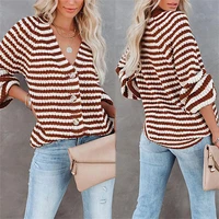 stripe sweater knitting shirt oversize loose brown v neck cardigan sweater single breasted 2021 autumn and winter new sweaters