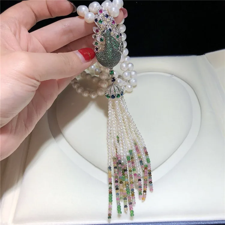 

Hand knotted natural 2 rows 8-9mm white freshwater pearl color peacock micro inlay zircon accessoriese clasp sweater necklace