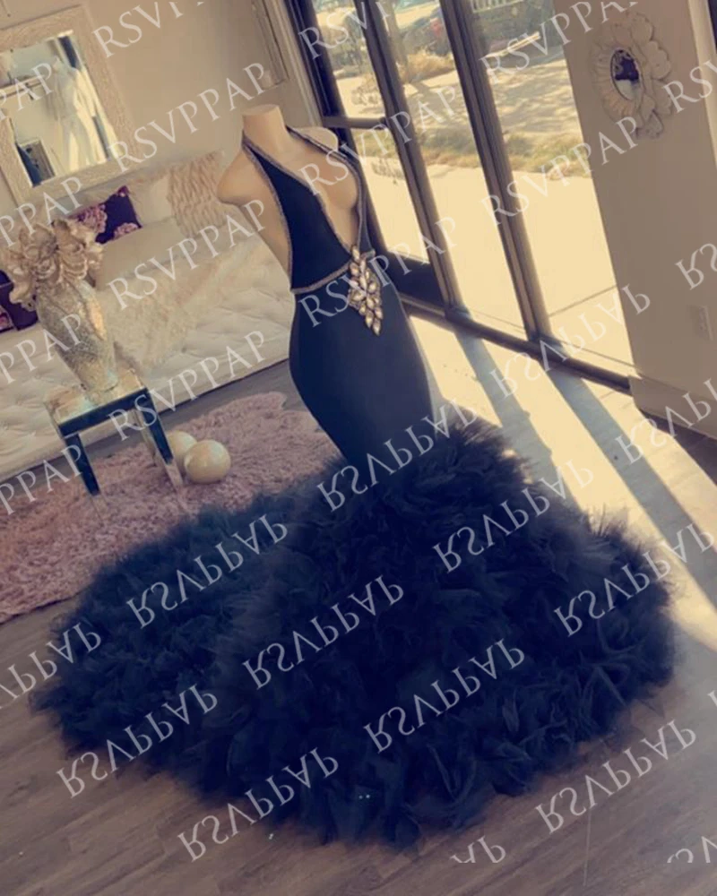 

Long Prom Dresses 2020 V-neck Sleeveless Mermaid Backless Ruffles African Girl Black Prom Dress
