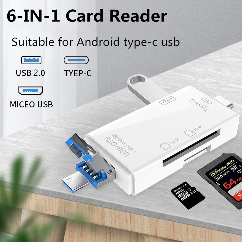 

Устройство для чтения карт Micro USB 2022 6-в-1, кардридер с Type C на SD Micro SD TF