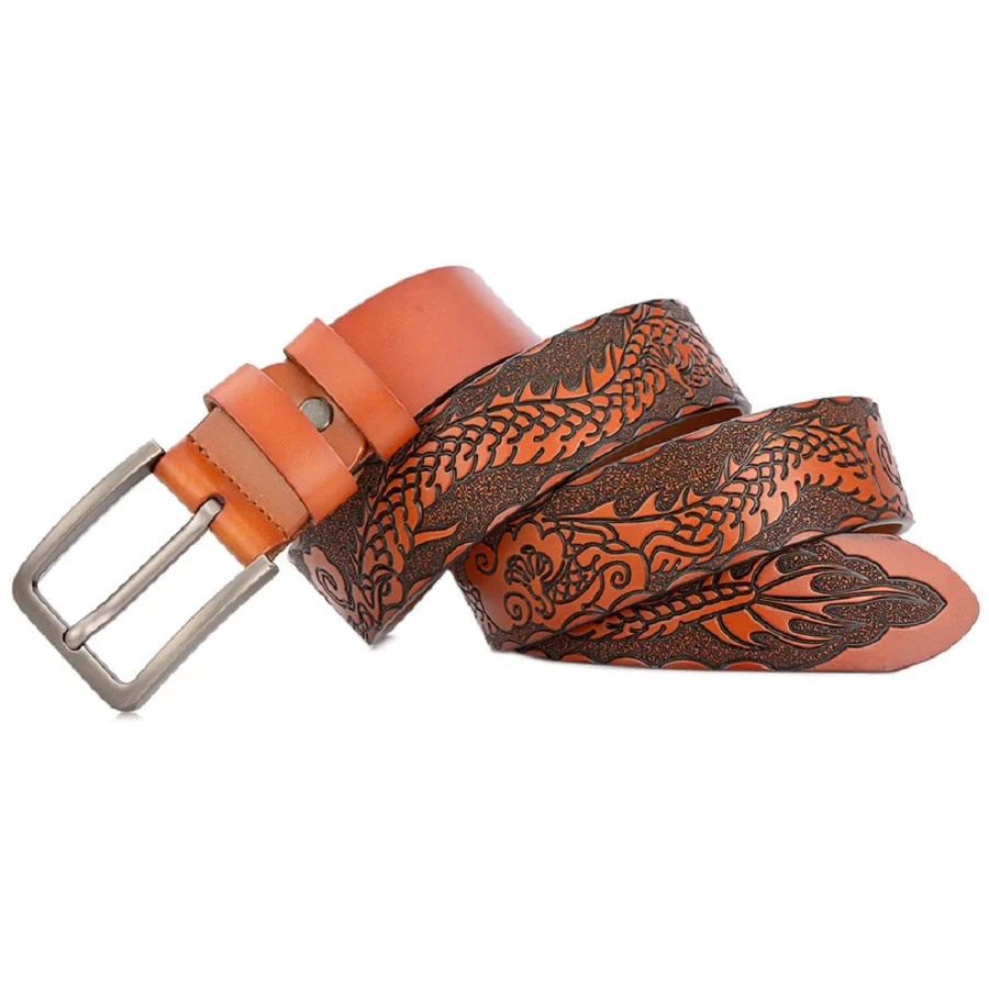 

Fashion Carved Men's Belt Pin Buckle Real Cowhide Chinese Dragon Totem Personality Belt Strip Leisure All-Match Jeans Gift