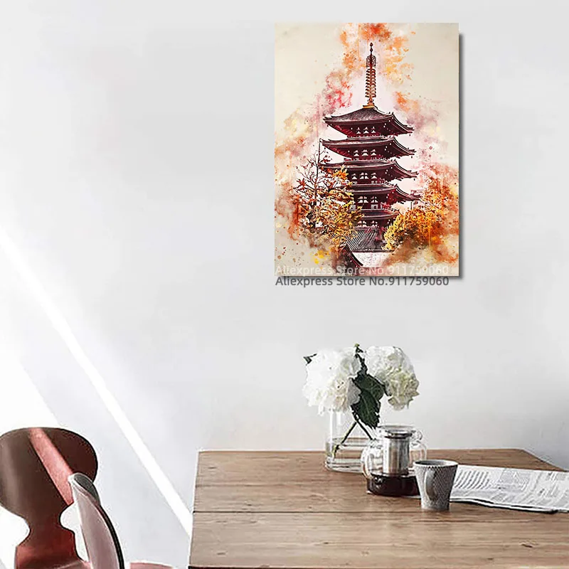 Sensoji храм из Токио Япония с акварелью картина плакат и печать Декор Картина Холст