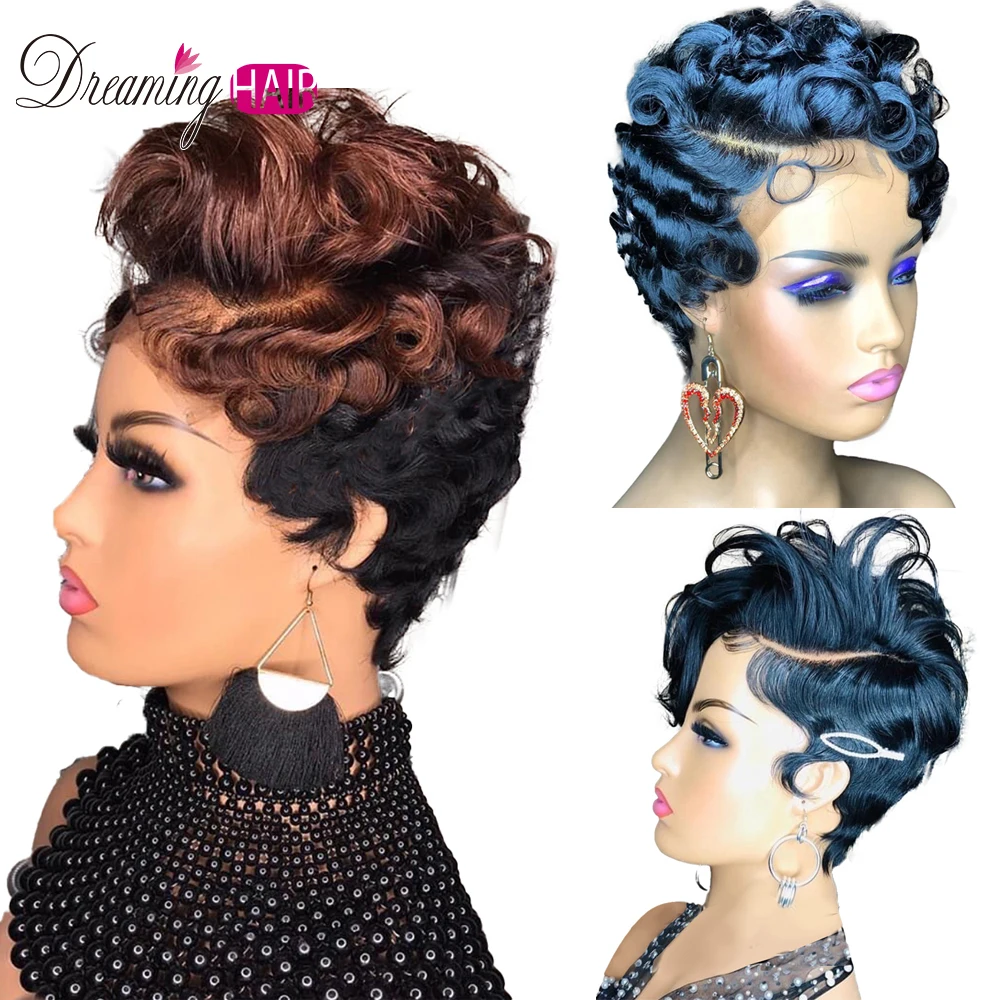 

Short Curly Pixie Cut Wig Human Hair Wigs Ombre 1B/30 Brown Colored Transparent Lace Frontal Wigs Preplucked Hairline For Women