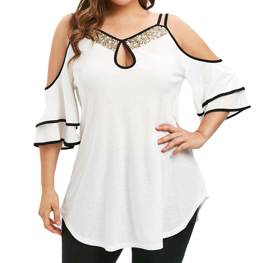  L-4XL Women Sequins Neck Cold Shoulder Ruffled Sleeve Irregular Hem t shirt vetement femme женские туники летние 2021