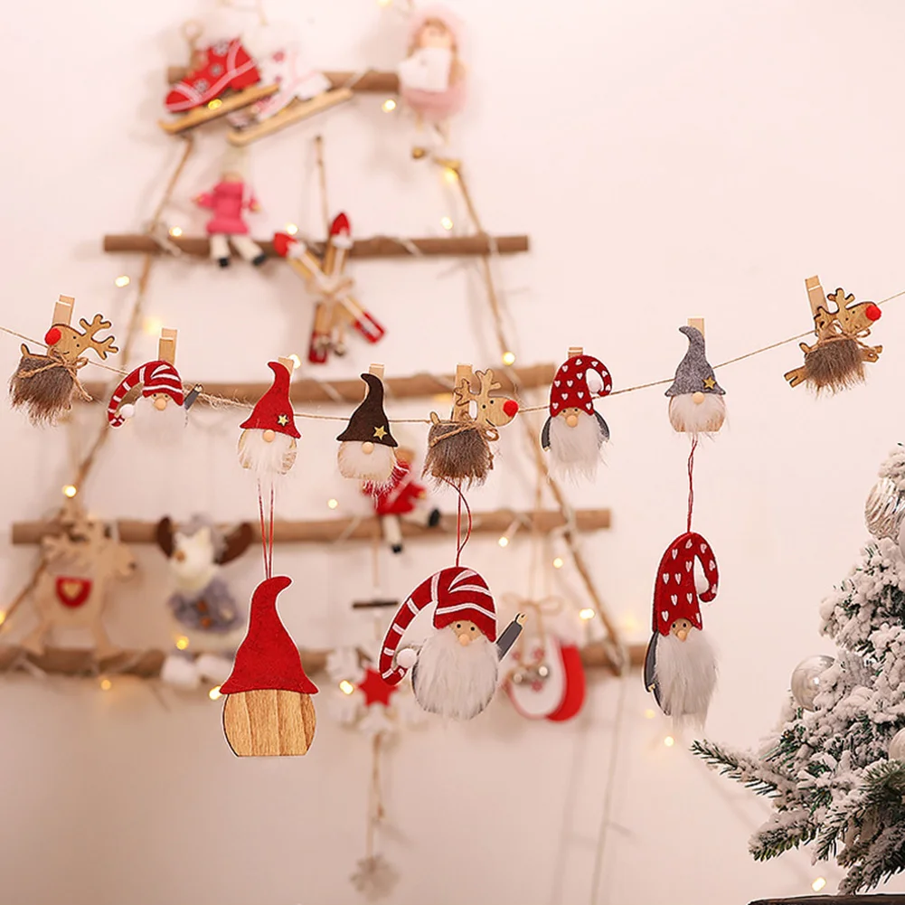 3pcs Christmas Wooden Clips Elk Santa Claus Faceless Doll Pendant Xmas Tree Decoration Mini Cilps Festival Party Gifts for Kids - купить по