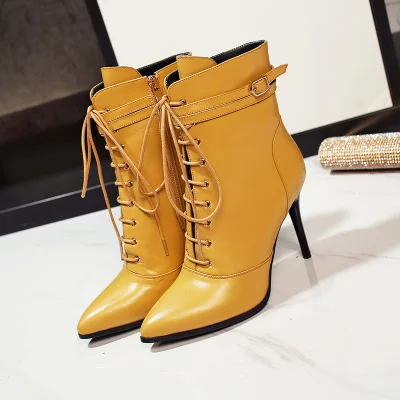 

2020New Leather High-heeled Ankle Boots Female Pointed Stiletto Lace-up Martin Boots Nude Side Zipper Spring/Autumn Single Boots