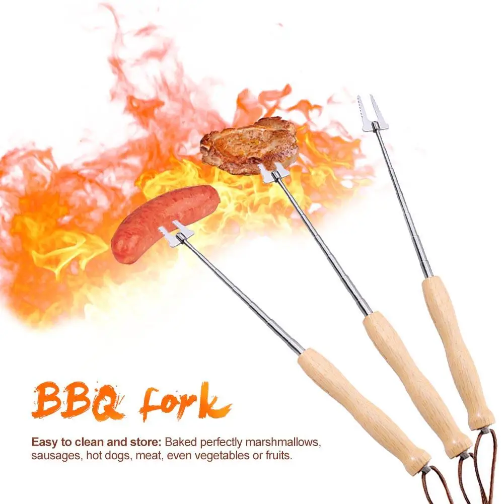 

1Pc Stretchable BBQ Forks For Outdoor Camping Campfire Stainless Steel Wooden Handle Telescoping Barbecue BBQ Forks