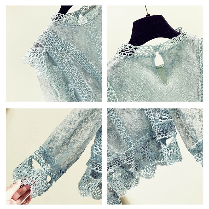 2021 летняя Новинка кружевная женская блузка и рубашки Водолазка синяя прозрачная