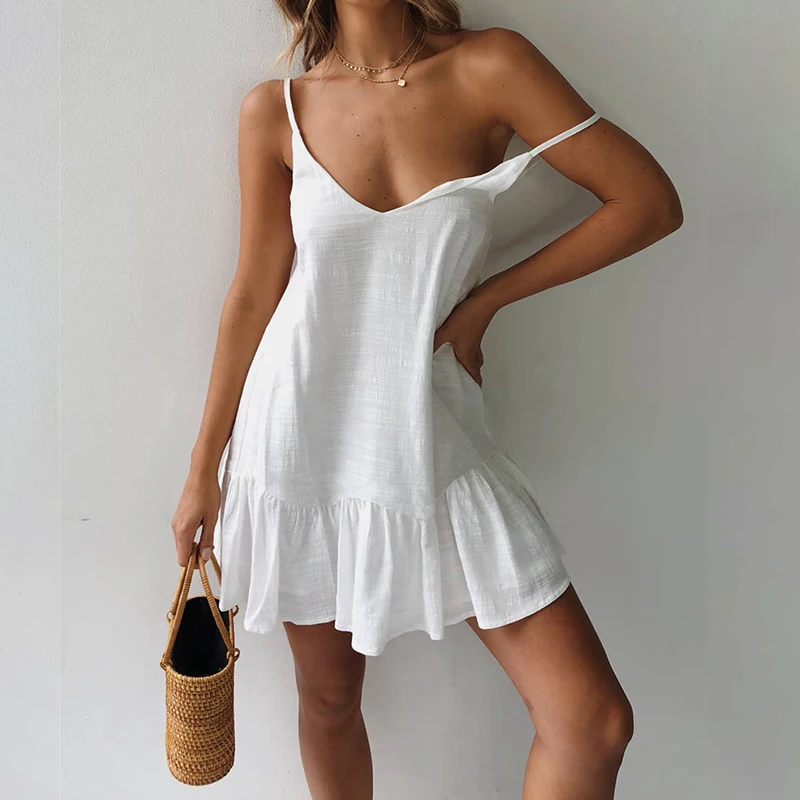 

Spaghetti Strap Dresses Off Shoulder Women Summer Dress 2021 White Shift Dress Ruffle Sexy Sundress Mini Cotton Linen Vestidos