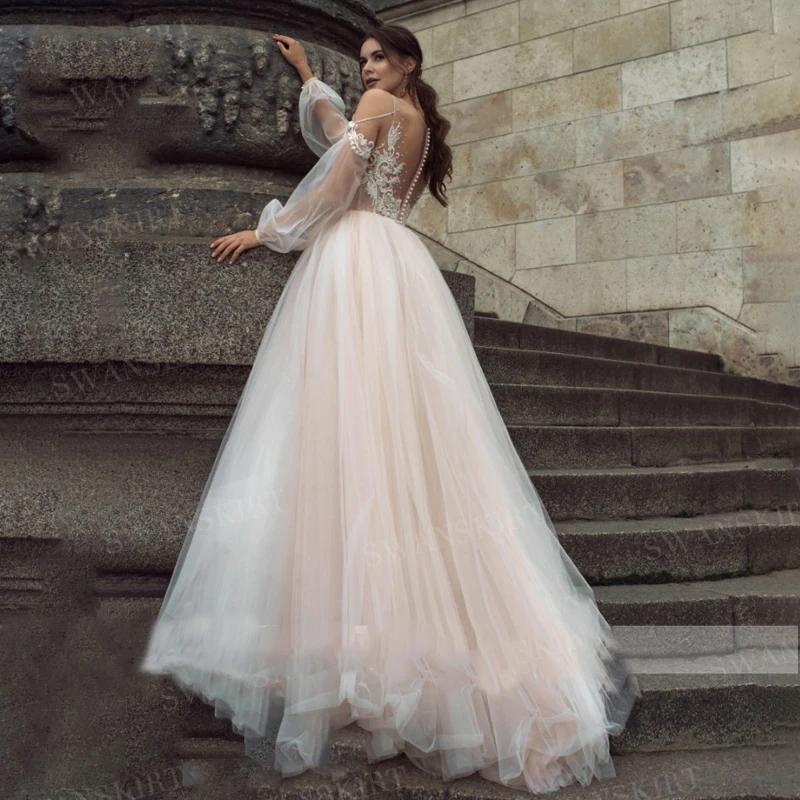 Свадебное платье принцессы Smileven с пышными рукавами кружевной аппликацией из