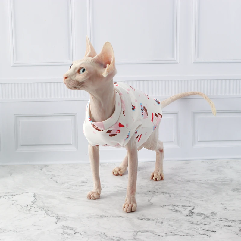 

Spring Summer New Hairless Cat Clothes Sphinx Devon Kitten Clothes Cotton Breathable Anti-allergy Cartoon Printed Half Sleeve