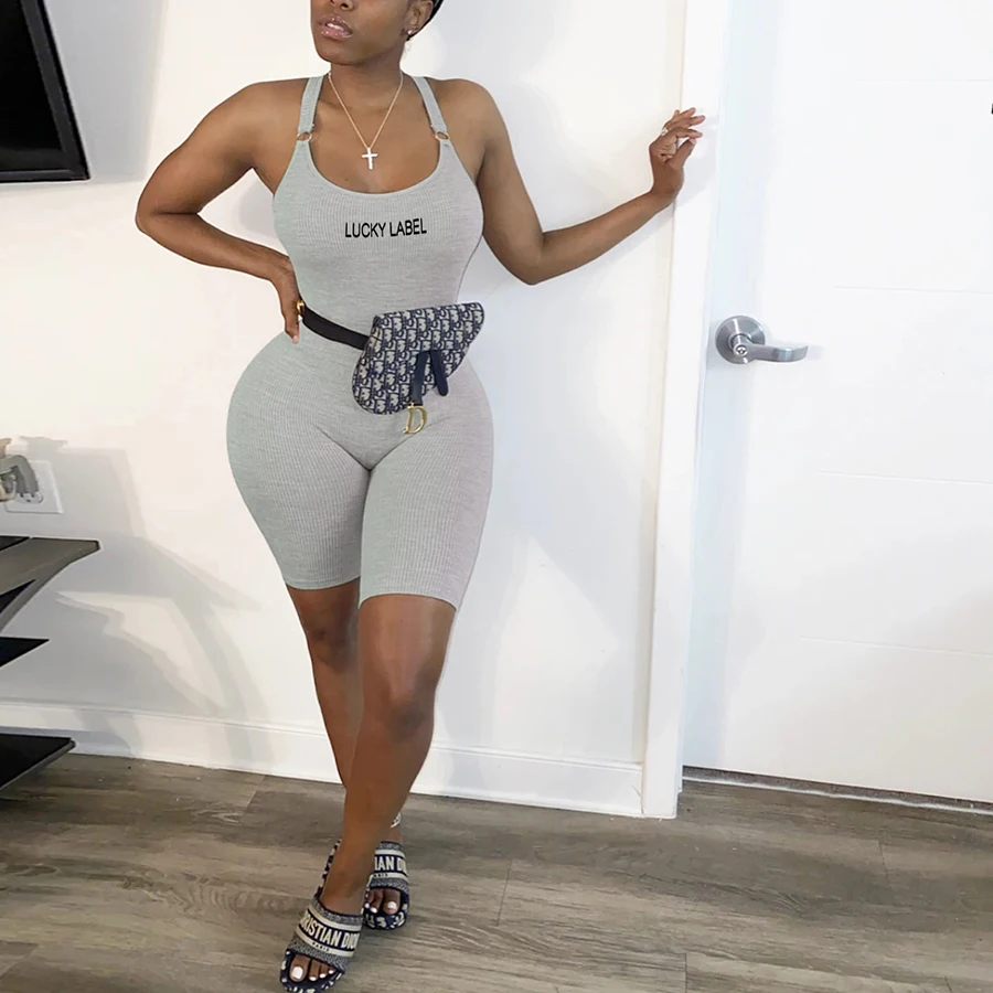 

Sexy Backless Playsuit Sleeveless Low-neck Letter Print Elastic Ribbed Skinny Streetwear Summer 2021 Women Romper Jumpsuit