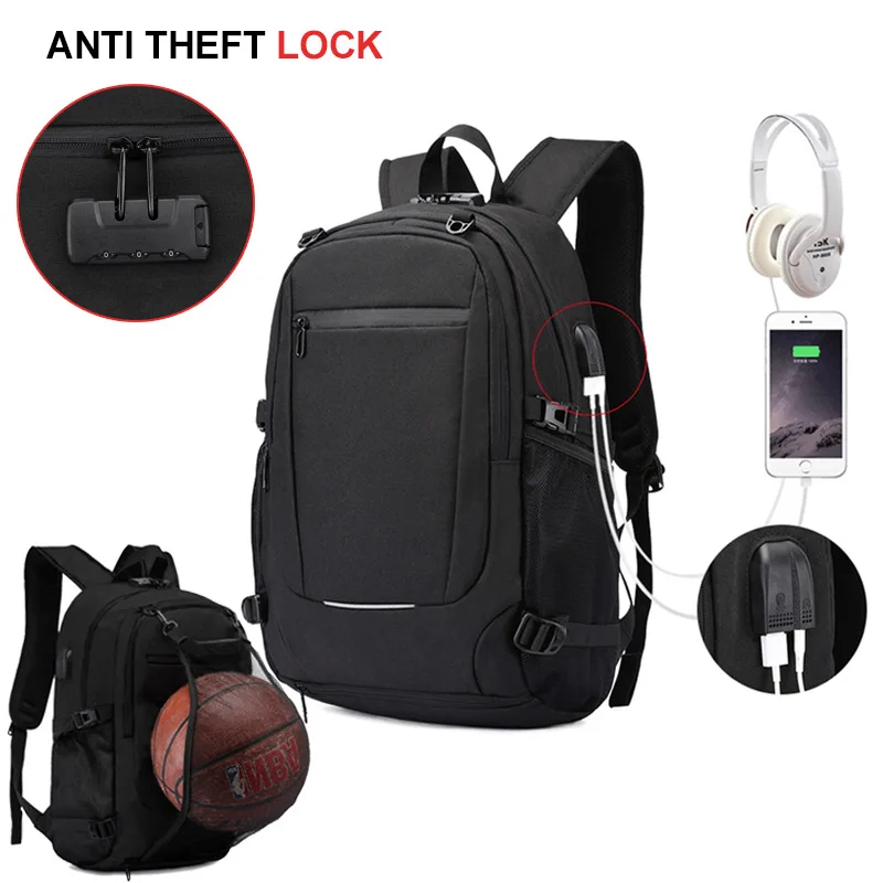 Black with lock Мужской рюкзак для ноутбука Противоугонный спортивный баскетбольный рюкзак для школы для подростка рюкзаки с usb-разъемом для путешествий водонепроницаемые деловые рюкзаки - Цвет: Black with lock