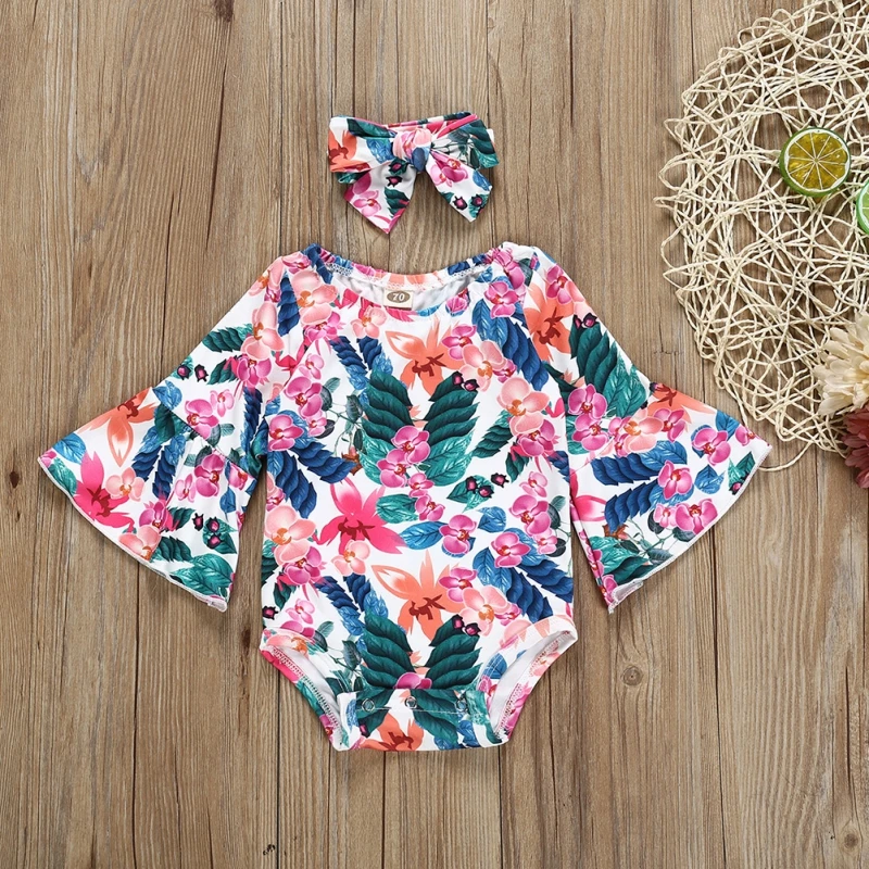 

Bodysuit Flare Sleeve Hair Band 2 Pcs Baby Girls Floral Print cotton Jumpsuit Bodysuit 0-24 Months