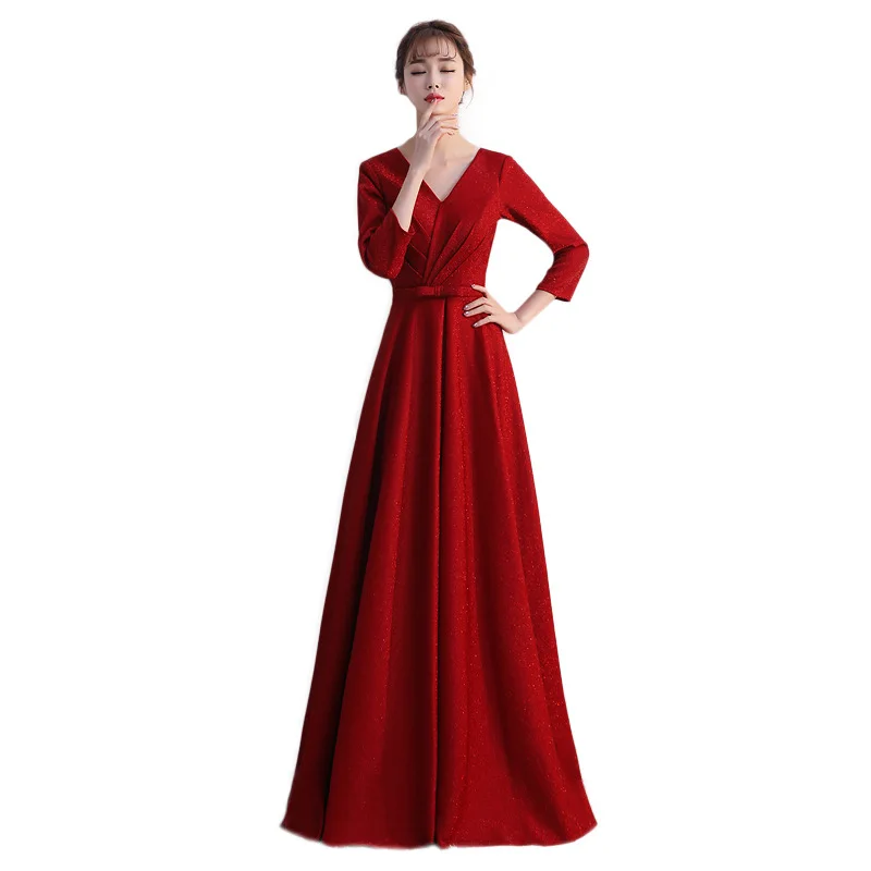 

Burgundy Woman Party Dress XS-XXXL V-Neck Floor-Length Evening Cheongsam Elegant Qipao Slim Wedding Prom Long Gown Retro Vestido