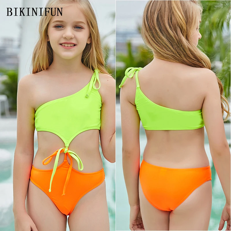 

Женский купальник, новый милый однотонный Монокини, детский купальник на одно плечо, детский цельный купальник с кулиской, пляжная одежда