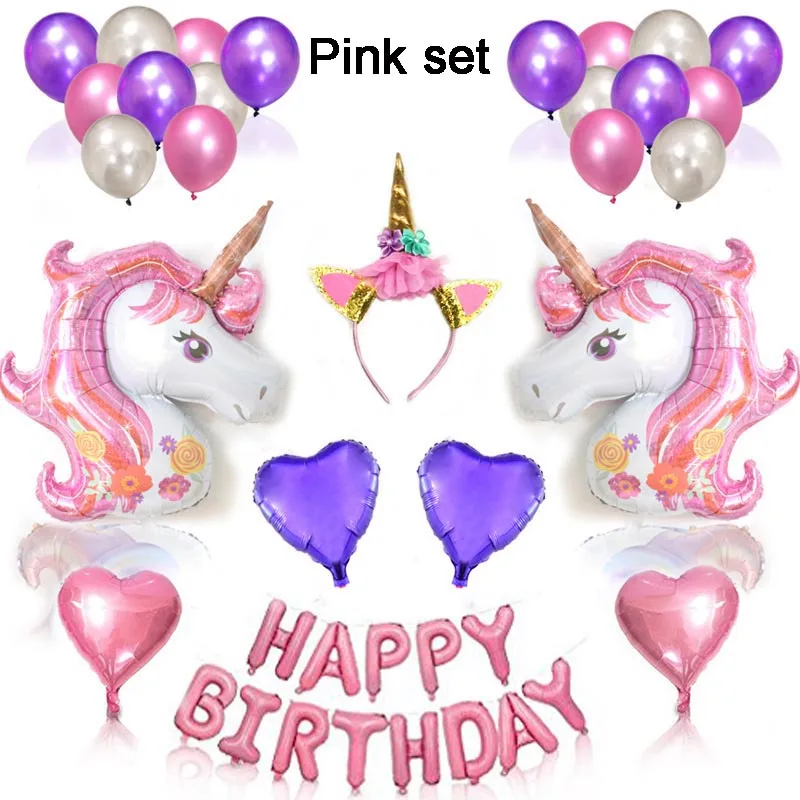 Pink Unicorn set Вечерние украшения в виде единорога 3D большие воздушные шары из фольги в виде животного для девочек на день рождения вечерние украшения - Цвет: Pink Unicorn set