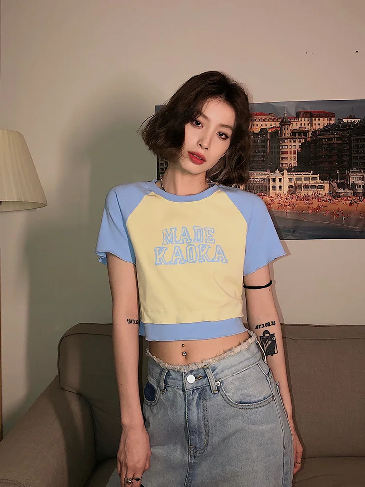 Женская футболка с коротким рукавом облегающий топ открытым пупком для девушек